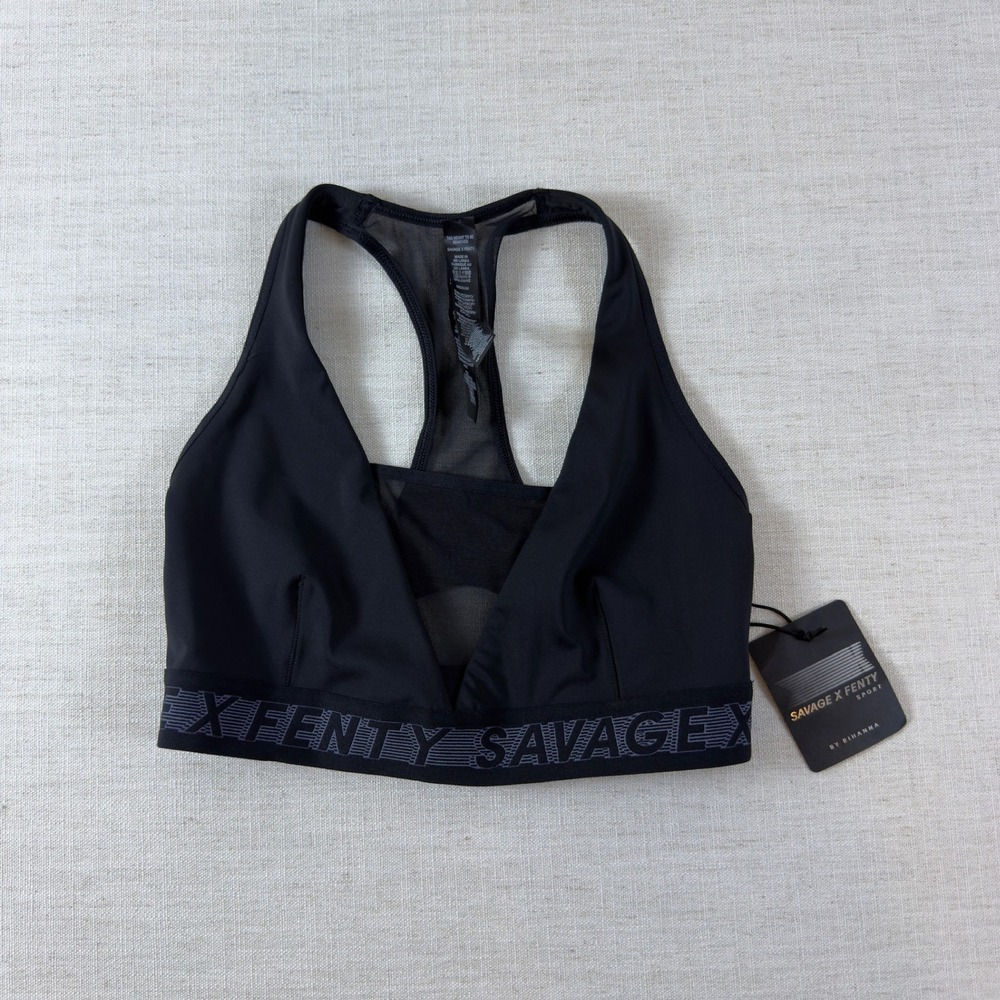 Savage X Fenty Sport Sports Bra Womens M Black Mesh Racerback Logo Band NWT